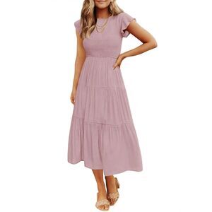 Pink small dress Casual Ruffle Short Sleeve Smocked Tiered A Line Midi Dress